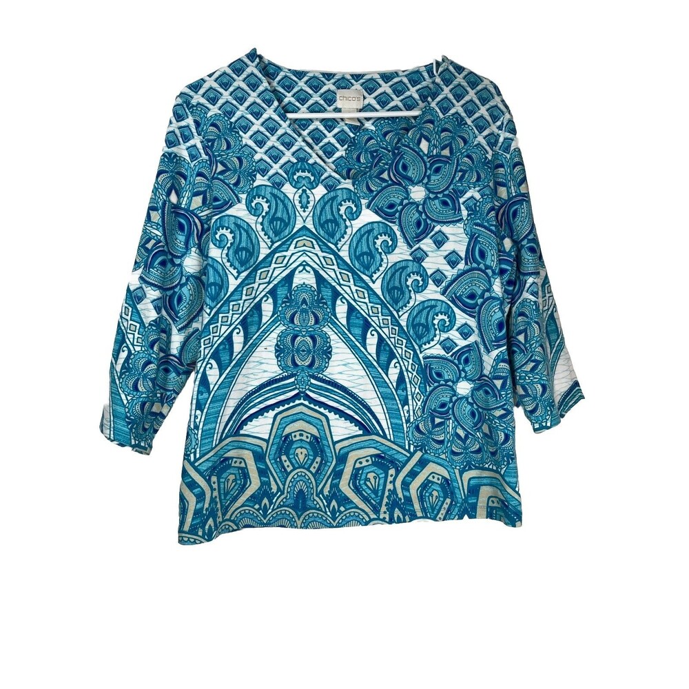 chicos 2 large moroccan tile blue blouse top 3/4 sleeve
